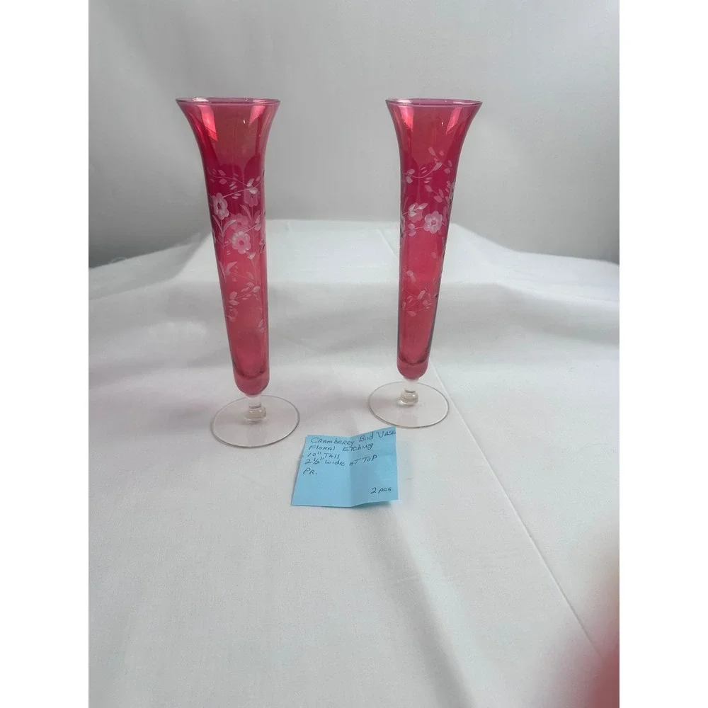 2 Vintage Ruby Red Glass Bud Handblown Vases Etched Floral‎ Design